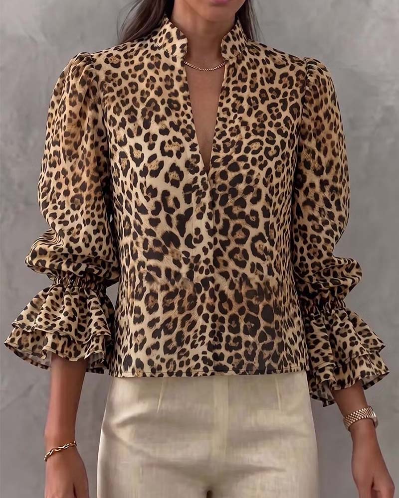 Leopard Ruffle Casual Blouse