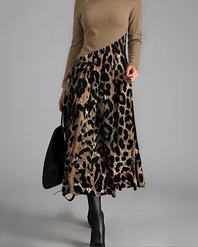 Crew Neck Leopard Full Skirt Dress