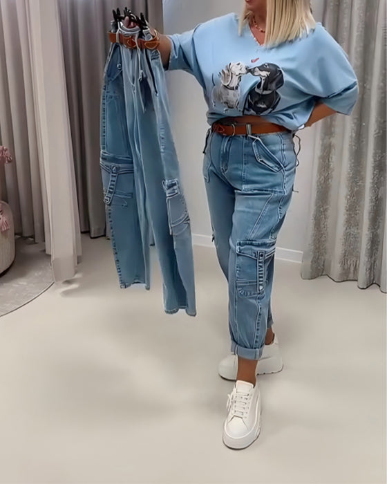 High Waist Cargo Style Jeans