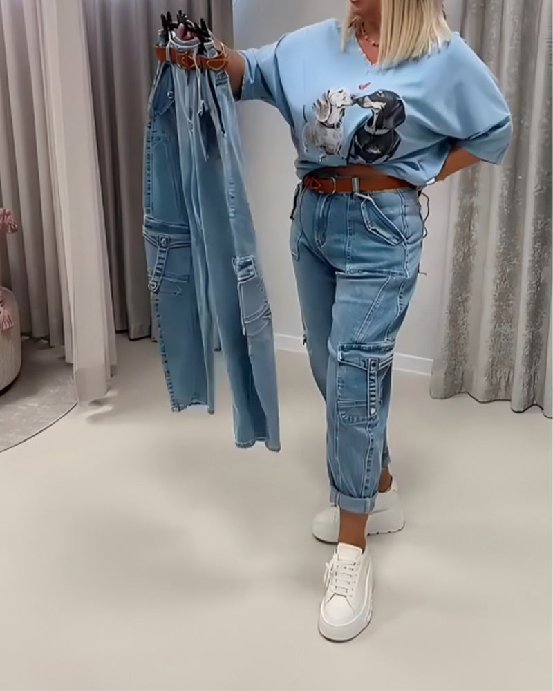 High Waist Cargo Style Jeans