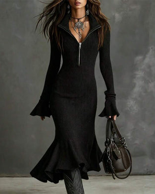 Zip Flare Sleeve Fitted Ruffle Dress