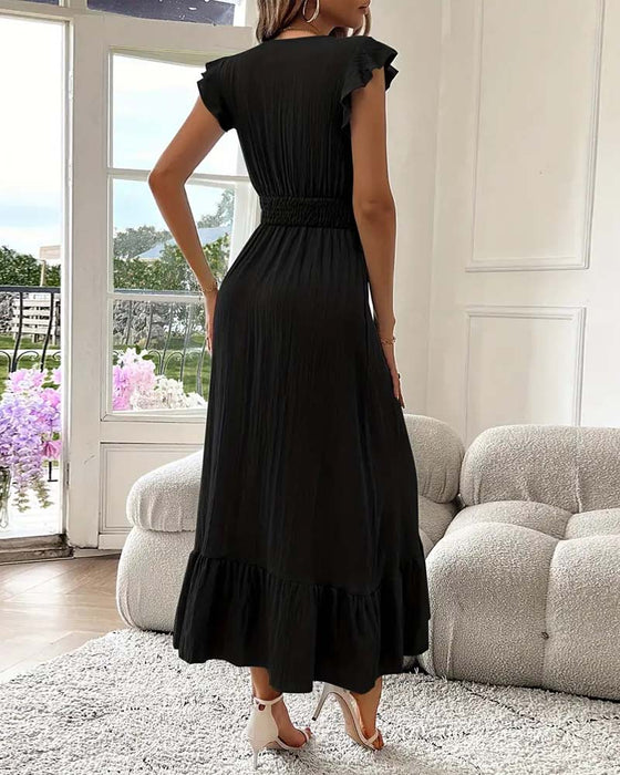V-Neck Solid Color Waist Slim Dress