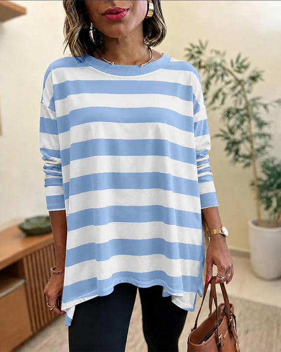 Wide Striped Crew Neck Long Sleeve Top