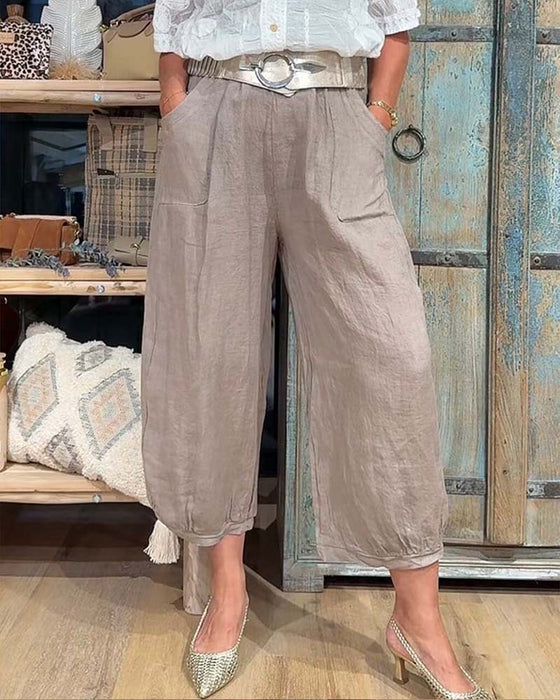 Elastic Waist Pocket Wide Leg Cropped Pants