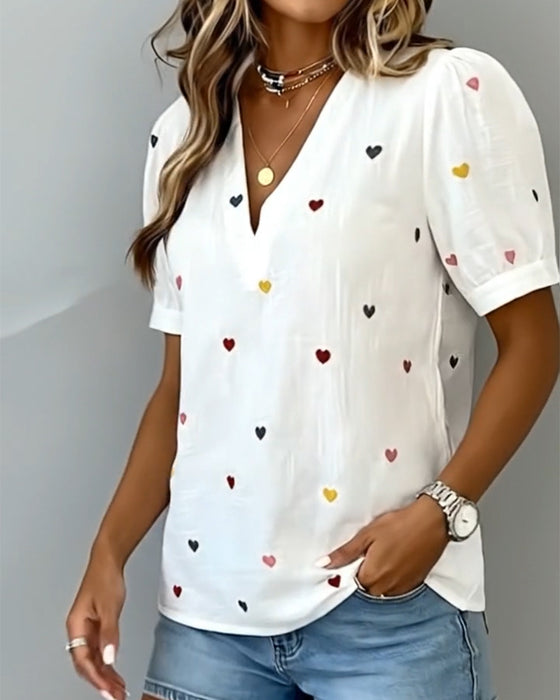 Heart Short Sleeve V-Neck Top