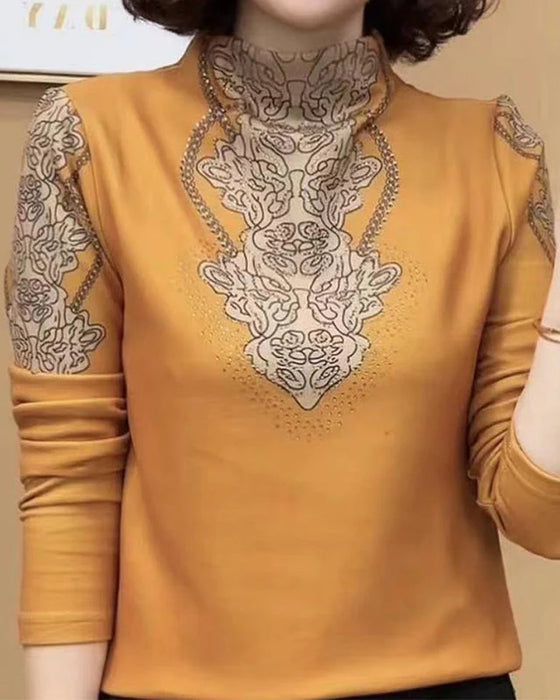 Elegant Printed Fitted Women's Stand Collar Top