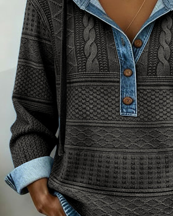 Cable Knit Denim Patchwork Hoodie