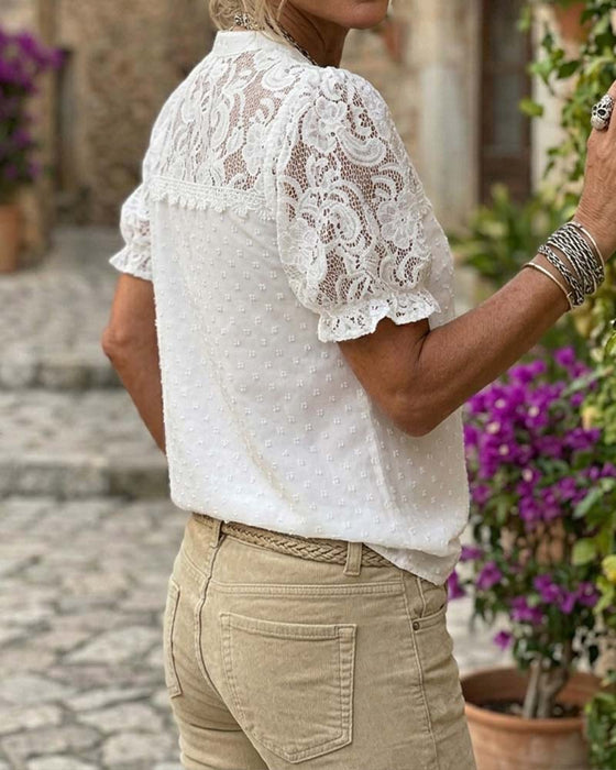 Lace Patchwork Puff Sleeve V-Neck Blouse