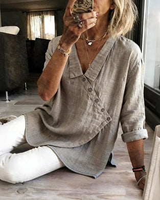 Asymmetrical Diagonal-Placket Collared Blouse