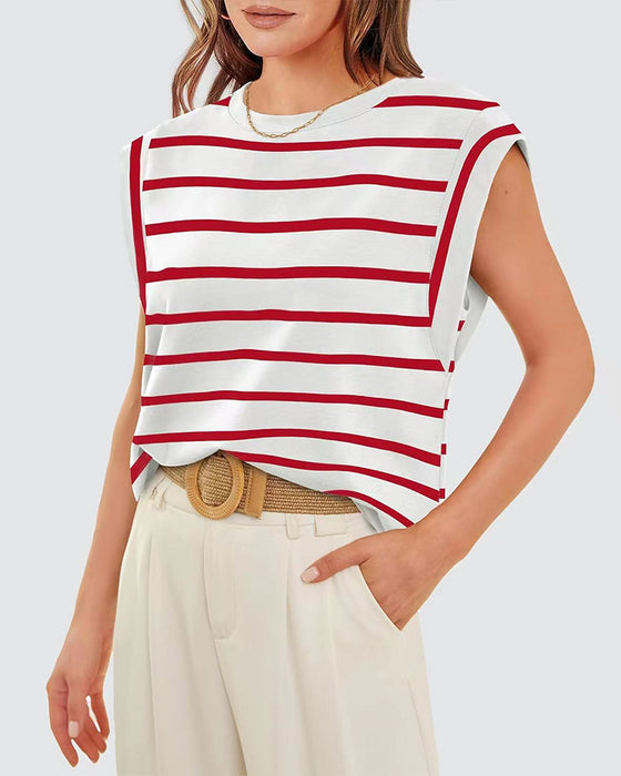 Casual striped print round neck sleeveless top