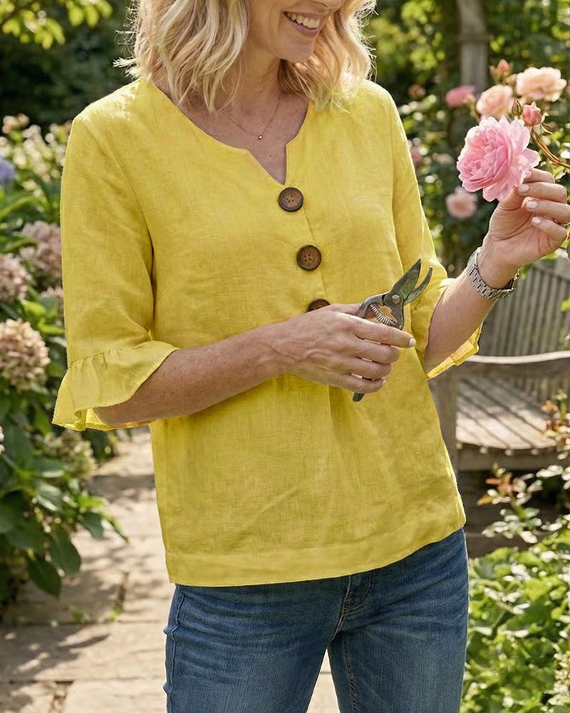 Solid-Color Cotton-Linen Wooden Buttons Ruffles Blouses