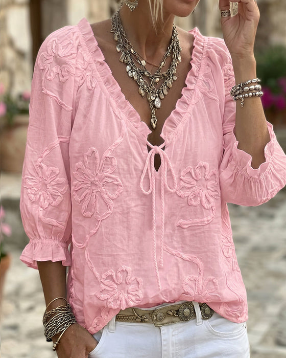 100% Cotton V-Neck Wrap Tie Ruffled Blouse