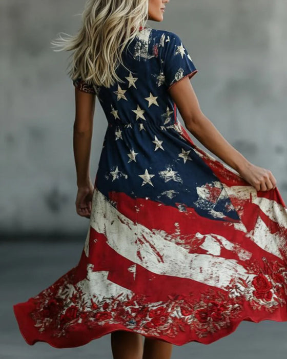 Flag Crew Neck Waist A-Line Dress