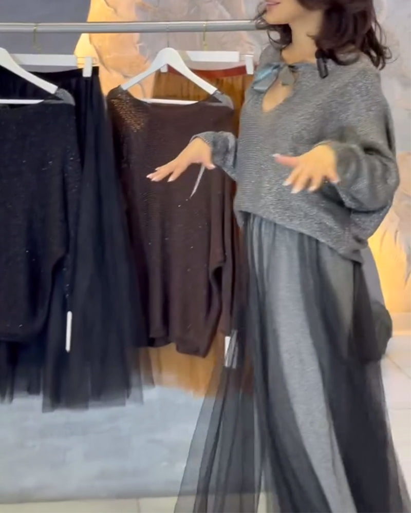 Batwing Sleeve Shimmering Pullover And Skirt