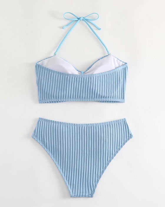 Halter Solid Color Striped Swimsuit
