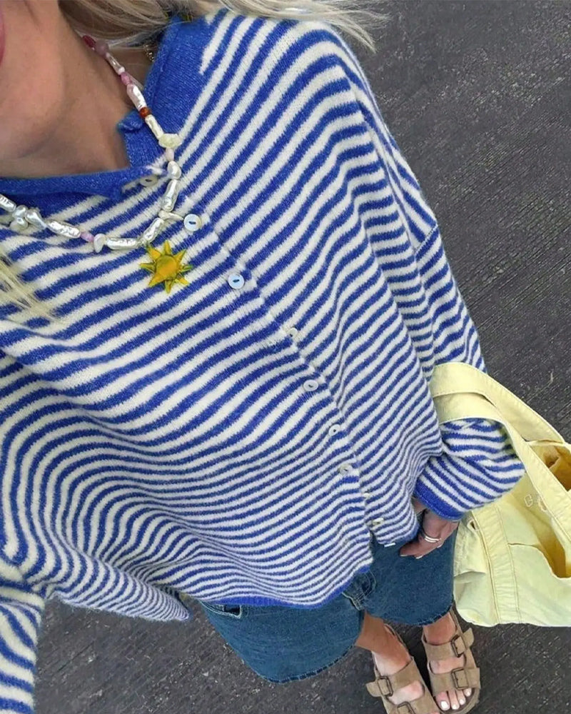Crew Neck Button Front Striped Pullover