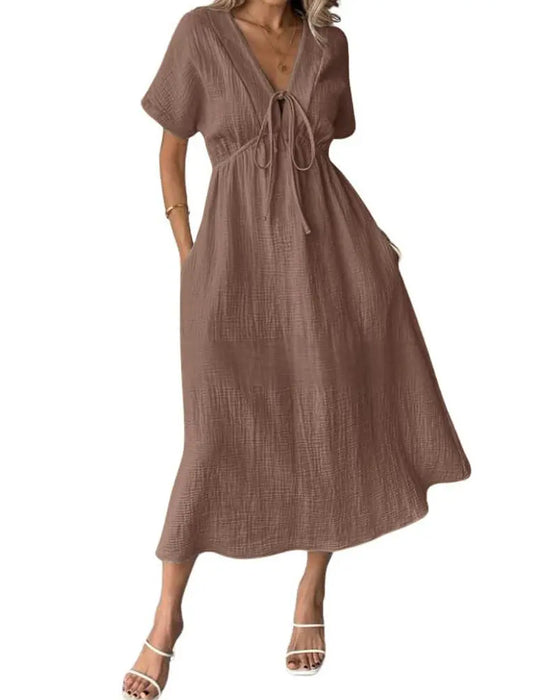 V-Neck Tie Waist Cinched Solid A-Line Dress