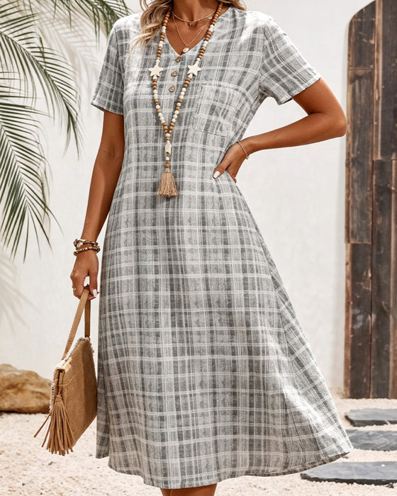 V-Neck Button Plaid Pocket Dress