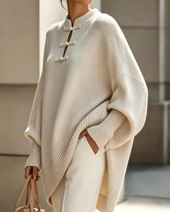 Mandarin Knot Button Loose Fit Cape Pullover