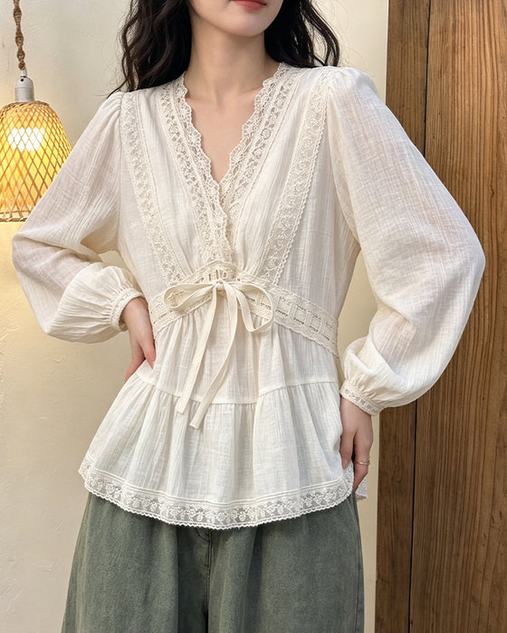 V-Neck Bubble Sleeve Lace Patchwork Flared Blouse