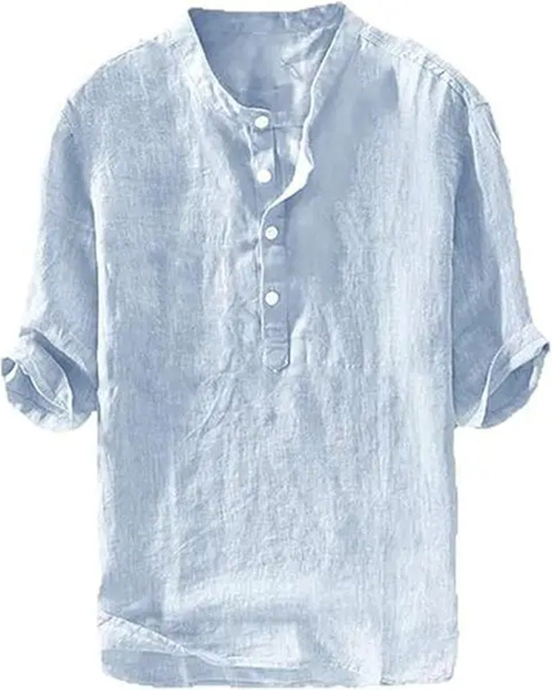 Men's Linen Cotton 3/4 Sleeve Henley Shirt, Casual Lightweight Summer Tops