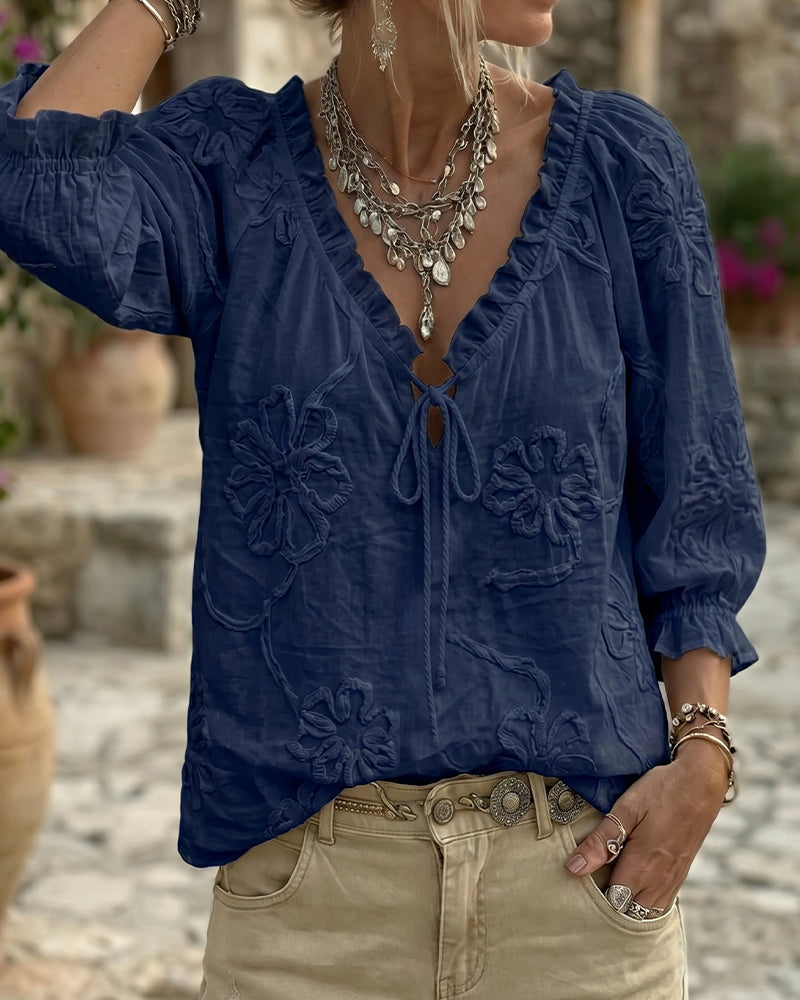 100% Cotton V-Neck Wrap Tie Ruffled Blouse