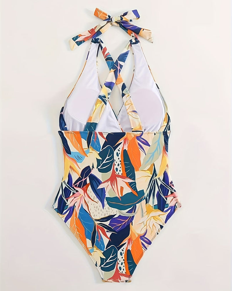 Tropical Plant Halter Neck One-Piece