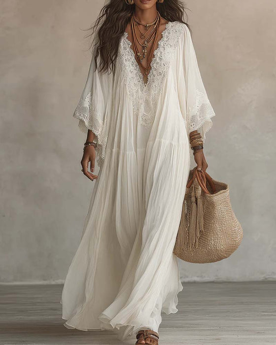 V-Neck Lace Patchwork Solid Color Dress