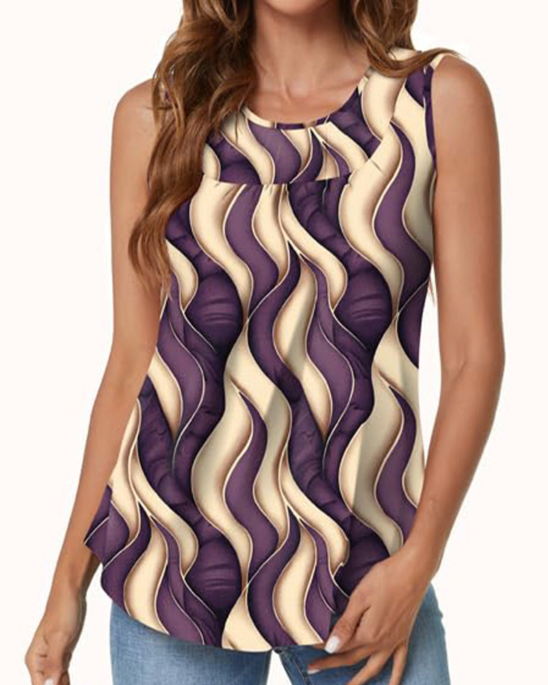Wave Pattern Crewneck Casual Tank Top