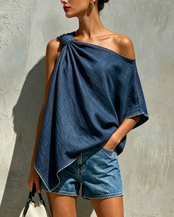 Denim Kink One Shoulder Blouse