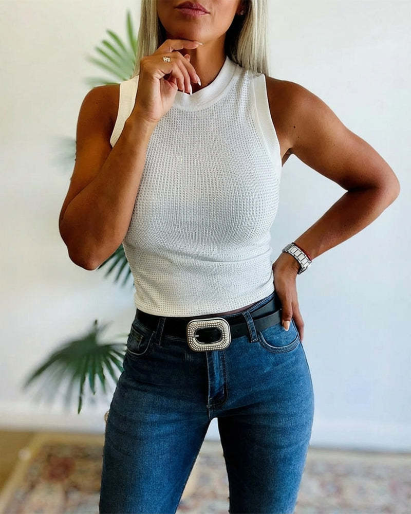 Solid Ribbed Rhinestone Fitted Tank Top
