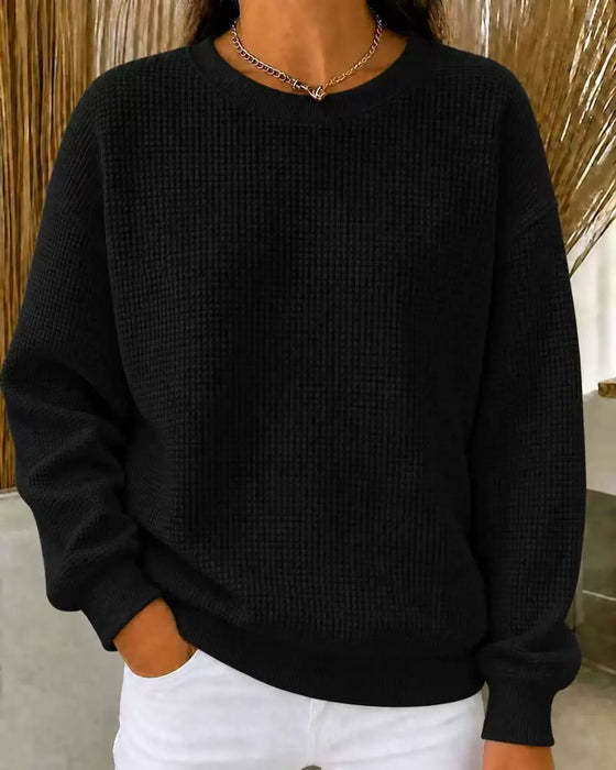 Waffle Knit Solid Crewneck Top