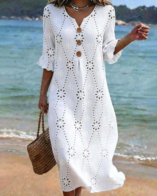 Small V-Neck Hollow Out Button Ruffle Dress