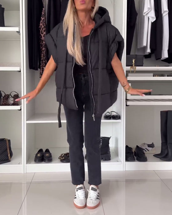 Hooded solid color zipper short sleeve padded jackets