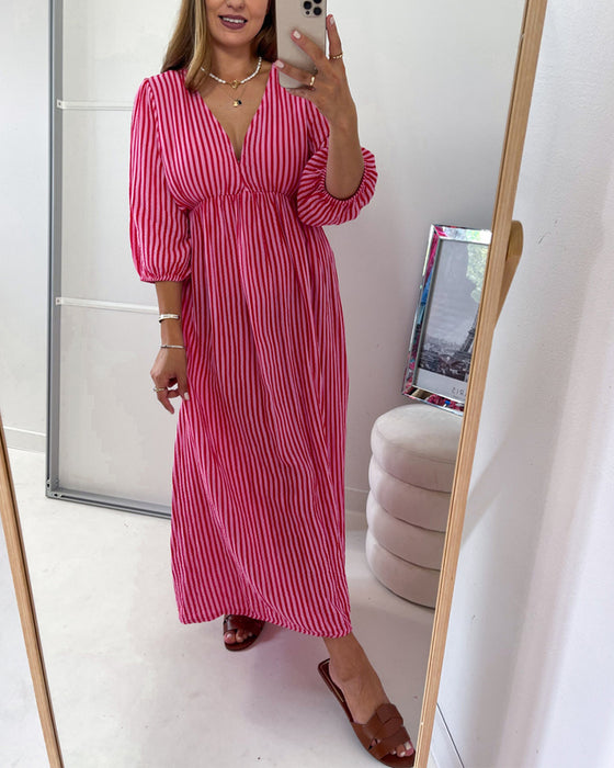 V-neck Lantern Sleeve Striped Dress