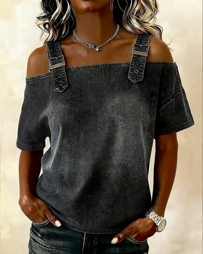 Off-Shoulder With Shoulder Strap Denim Blouse