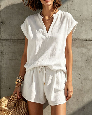Sleeveless V-Neck Blouse with Drawstring Elastic Waist Pants Set