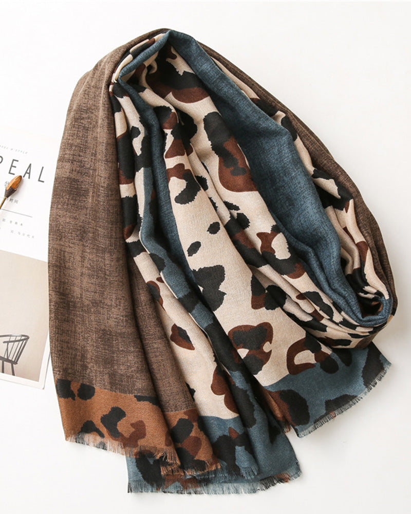 Women's Leopard Patchwork Print Fringe Shawl Scarf