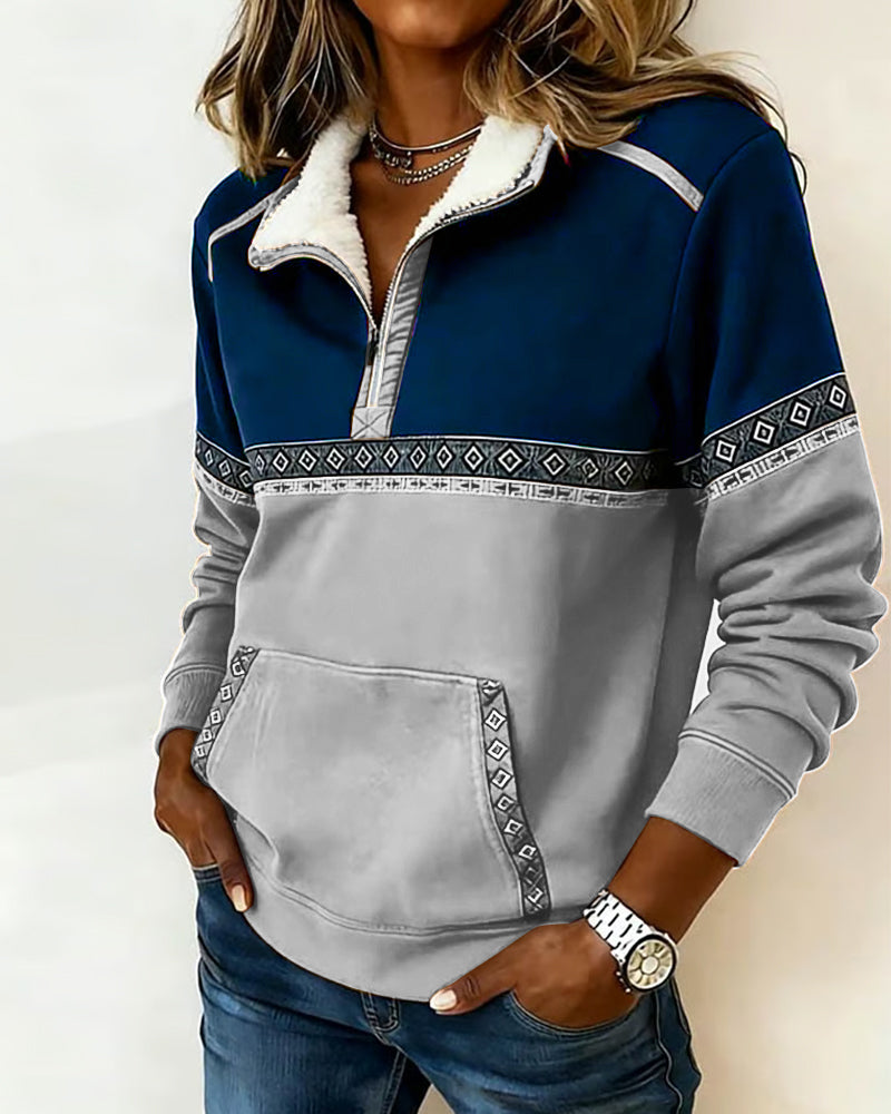 Retro Color-Blocked Fur Collar Sweatshirt