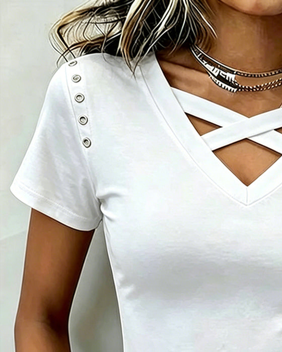 Cross Strap Hollow Out Slim Fit T-Shirt