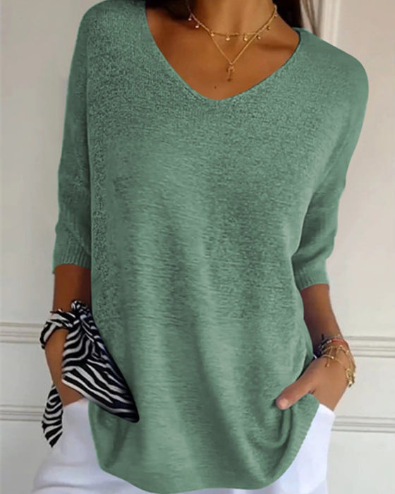 💖 Solid Color Knitted Top With V-Neck