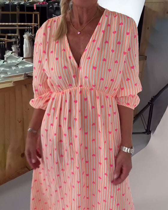 Elegant V-Neck Heart Print Dress