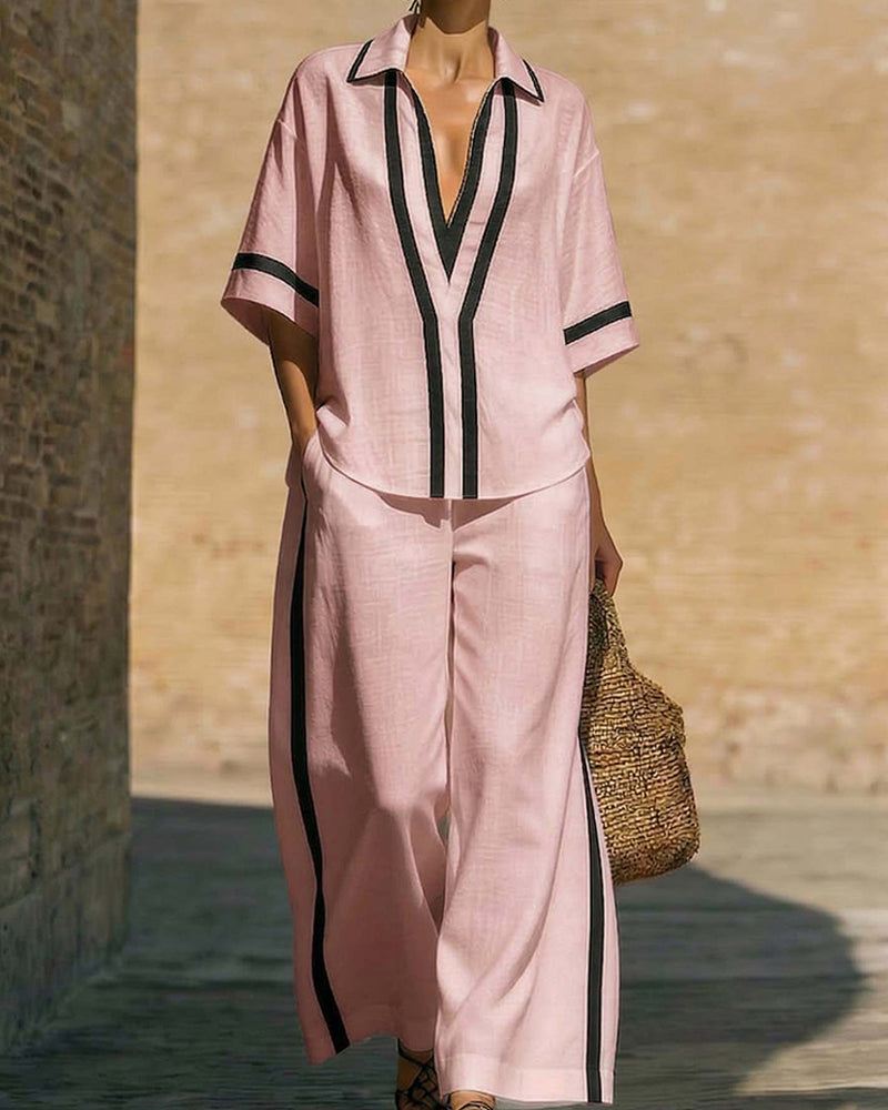 Loose Color Block Shirt Wide-Leg Pants Set