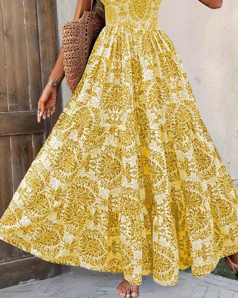 Retro Print V-Neck Cinched Waist Long Dress