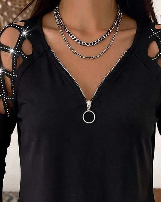 V-Neck Zip Cutout Long-Sleeve Top
