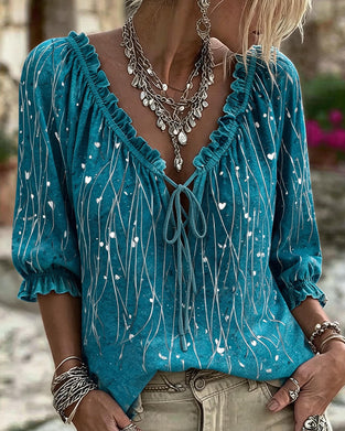 Heart Line Placement Print Tie Blouse