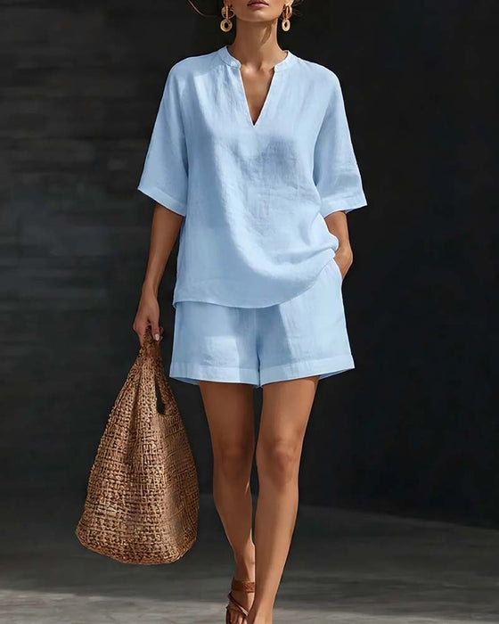 Casual Elbow-Length Sleeve Top and Shorts Set