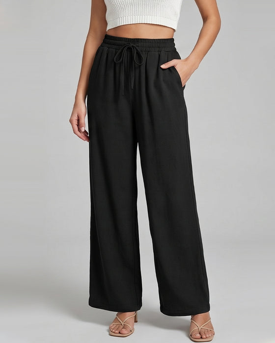 Elastic Waist Wide-Leg Tie Casual Pants