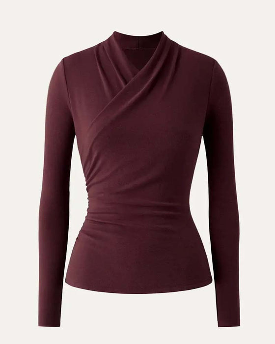 Cross V-neck Pleated Waist Long-sleeve Top
