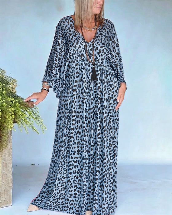 V-Neck Leopard Print Loose Fit Casual Dress
